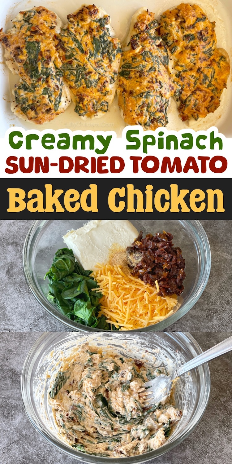 Easy Chicken Dinner Recipe made with a delicious low carb mixture of cream cheese, spinach, sun-dried tomatoes, cheddar cheese, and garlic. Bake in the oven all in just one dish for a super easy family meal!