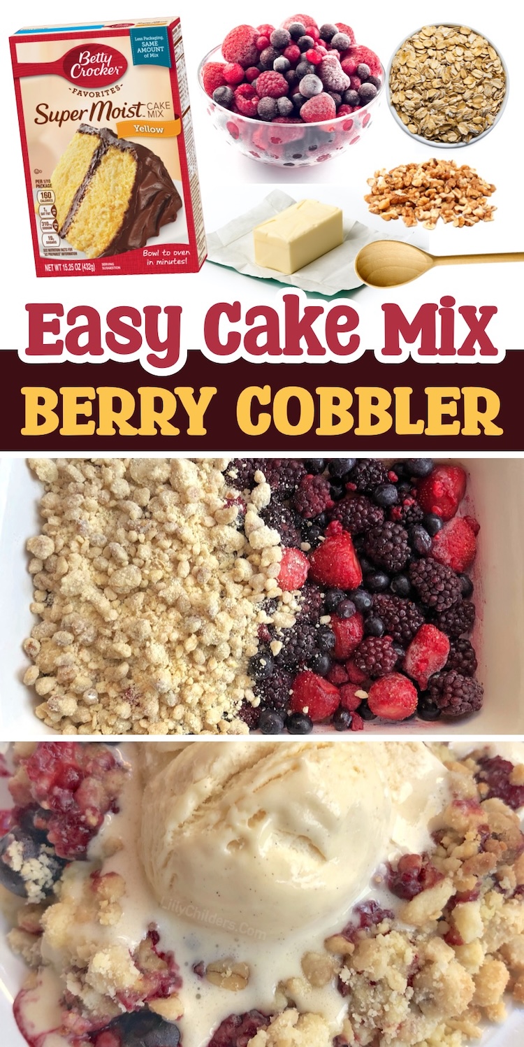 Easy to make homemade berry cobbler dessert recipe made with a box of yellow cake mix and frozen berries! This dump and bake dessert is so simple to make with just a handful of ingredients. Serve warm with vanilla ice cream for the most impressive dessert.