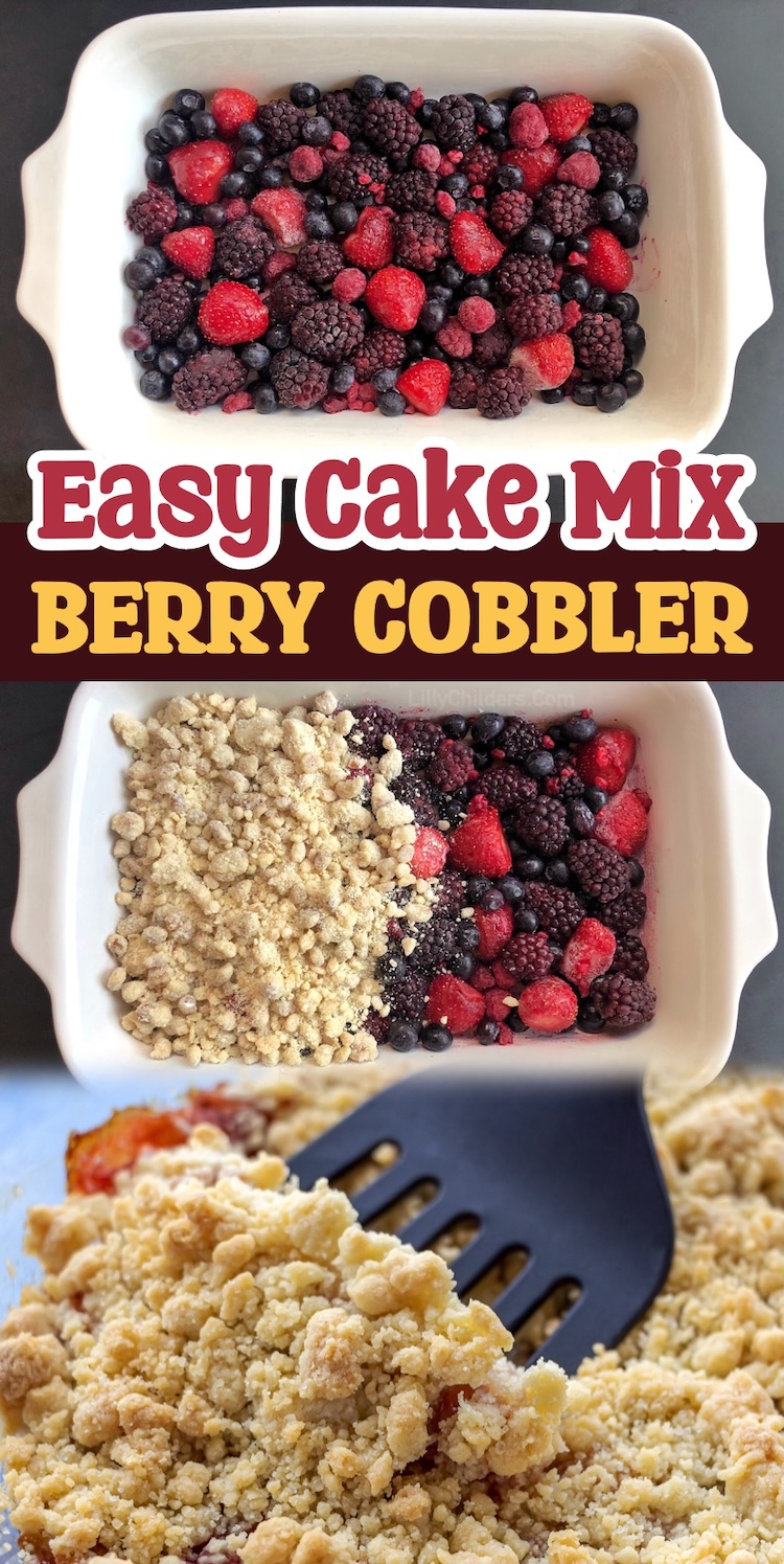 Step by step instructions with pictures on how to make an easy mixed berry cobbler with frozen fruit, cake mix, oats, walnuts, and lots of melted butter. The awesome dessert recipe is a family favorite treat. Serve warm with vanilla ice cream and watch as everyone licks their bowls clean. 