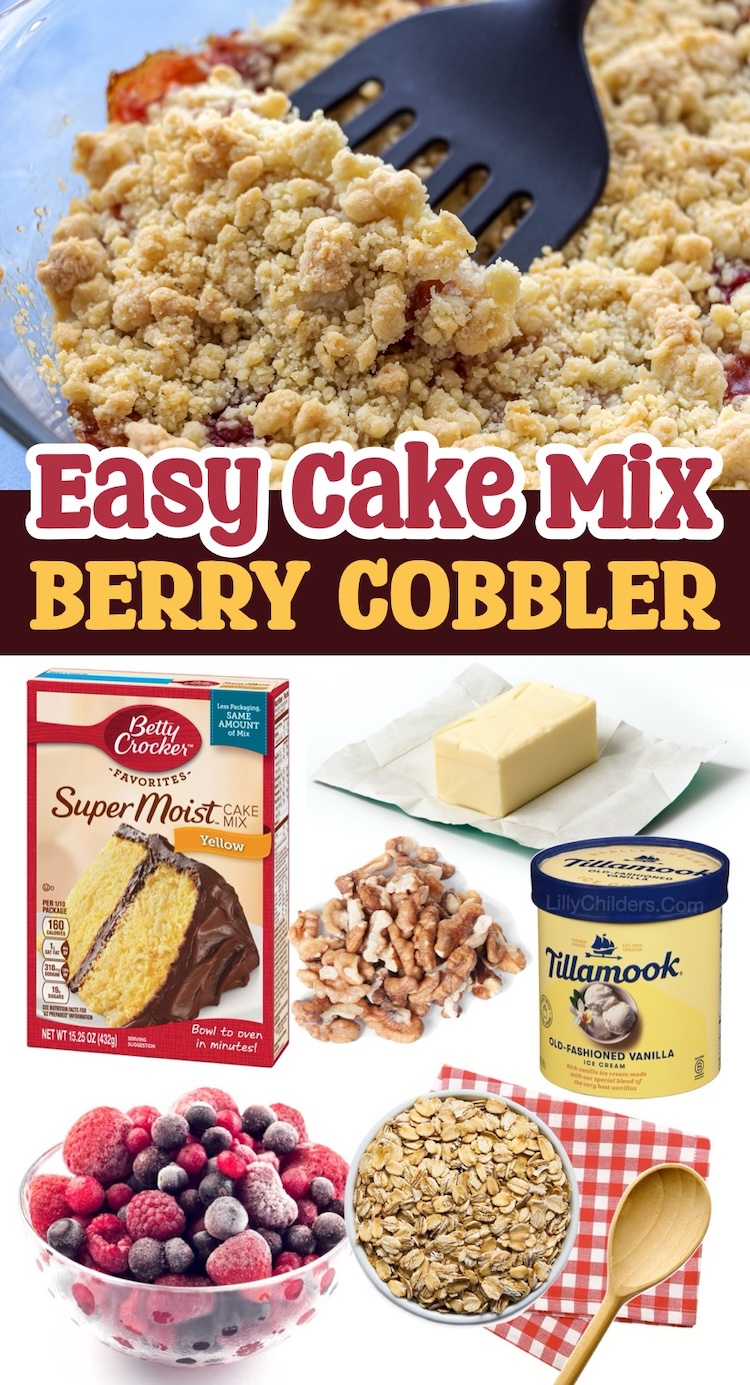 Delicious Frozen Berry Cobbler made with frozen fruit and yellow cake mix. This easy dessert is not only simple to make, but a great way to impress your family and friends with a yummy homemade dessert. Serve warm with vanilla ice cream for the ultimate sweet treat!