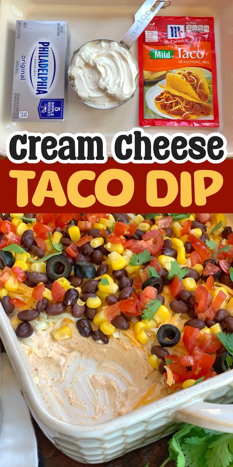 Easy Cream Cheese Taco Party Dip | This quick and simple appetizer is made with just a few ingredients including cream cheese, sour cream, and taco seasoning for the base. Top with shredded cheese and your favorite fresh taco ingredients! One of my favorite cold make ahead chip dips for just about any occasion.
