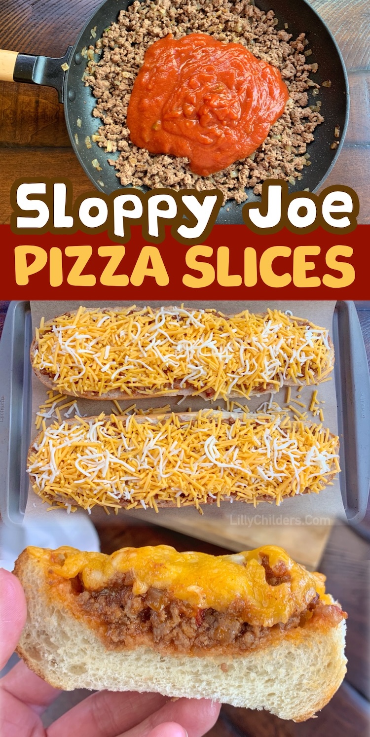 Sloppy Joe French Bread Pizza Slices are a fun and easy comfort food idea to make at home with just a few ingredients for yummy family meals or even finger food at your next dinner party. Try it for football Sunday! It's a crowd pleaser. 