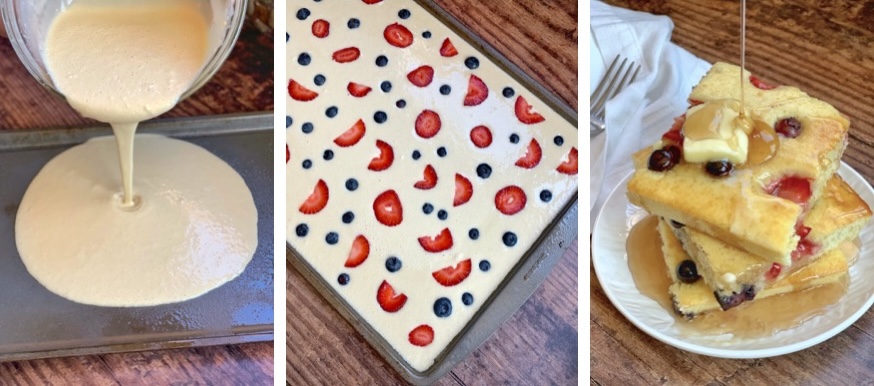 Step by step instructions on how to make pancakes in the oven on a sheet pan. A quick and easy way to make breakfast for a crowd!