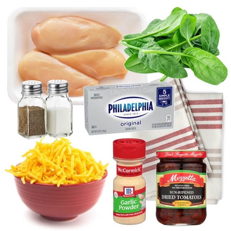 Ingredients needed to make Creamy Sun-Dried Tomato Baked Chicken: chicken breasts, cream cheese, shredded cheddar, sun-dried tomatoes, spinach, garlic powder, salt & pepper. 