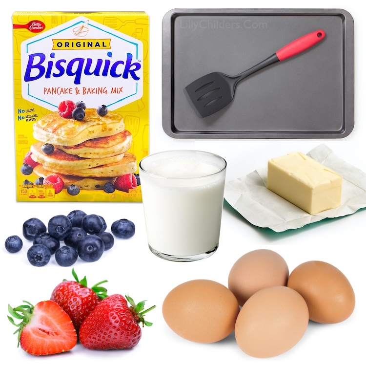 List of ingredients needed to make sheet pan pancakes in the oven including Bisquick, eggs, butter, milk, and the toppings of your choice. 