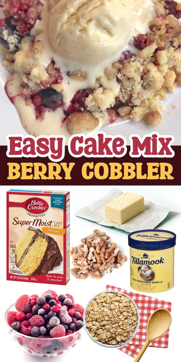 Are you looking for easy homemade dessert recipes? This frozen berry cobbler is amazing! One of the best desserts I've ever made, and it's so simple thanks to a box of yellow cake mix and a few bags of frozen mixed berries. It's crisp, sweet, savory, tart, and creamy all at the same time. 