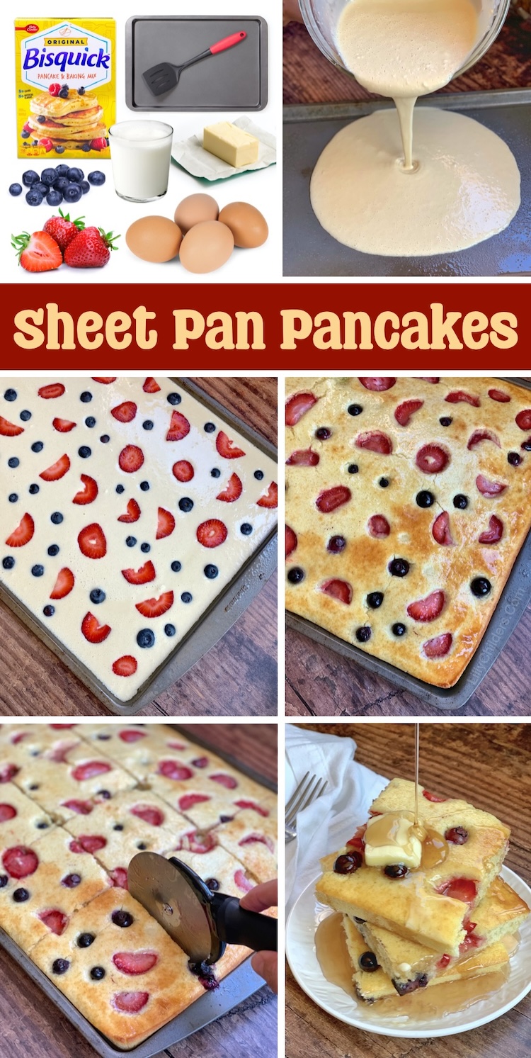 Step by Step instructions on how to make pancakes in the oven on a sheet pan with just a few ingredients: Bisquick pancake mix, eggs, milk, butter, and optional toppings. The quick and easy way to make breakfast for a crowd!