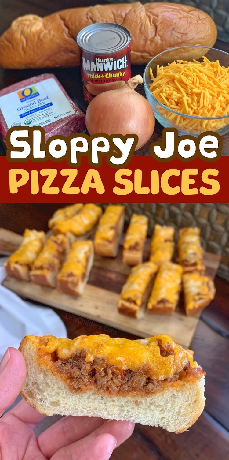 Quick and easy comfort food recipe for quick dinners, family get togethers, small parties, game day, football Sunday and more. This Sloppy Joe French Bread Pizza is so delicious and simple to make with just a few basic and cheap ingredients. 