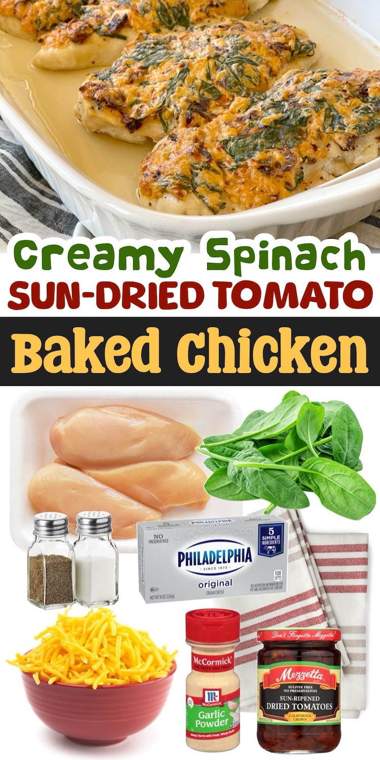 Oven Baked Chicken Breasts with a sun-dried tomato cream cheese mixture spread over top and then baked until hot and gooey. An easy way to make chicken in the oven! Low carb, family friendly, and so simple to make in just one dish. 