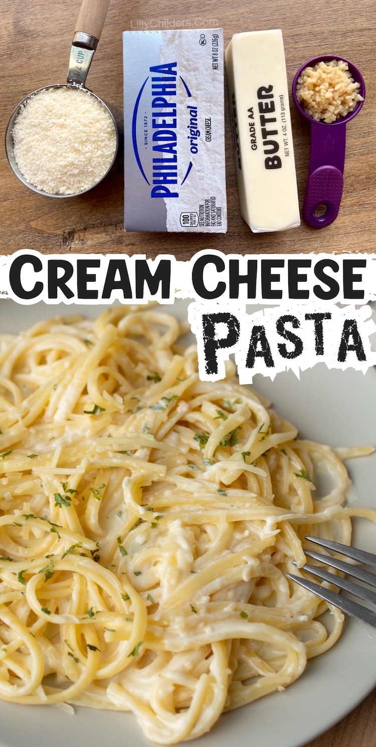 The most delicious pasta made with heavenly cream cheese! Oh, and butter, parmesan, garlic, and any of your favorite seasonings. This quick and easy pasta recipe is amazing served as a side dish with any meal, or a main dish tossed with veggies or chicken. It's delicious and totally kid approved for any night of the week. 