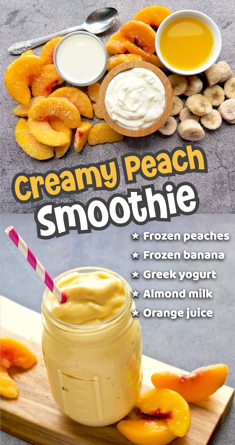 Yummy peach smoothie recipe made with frozen sliced peaches, banana, plain greek yogurt, almond milk, and orange juice. This healthy blender smoothie is delicious for a cold breakfast or snack in the summer time. 