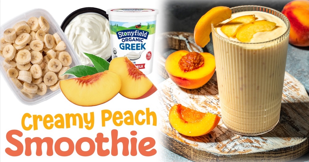 Healthy peach smoothie recipe made with frozen peaches, banana, greek yogurt, milk, and orange juice.