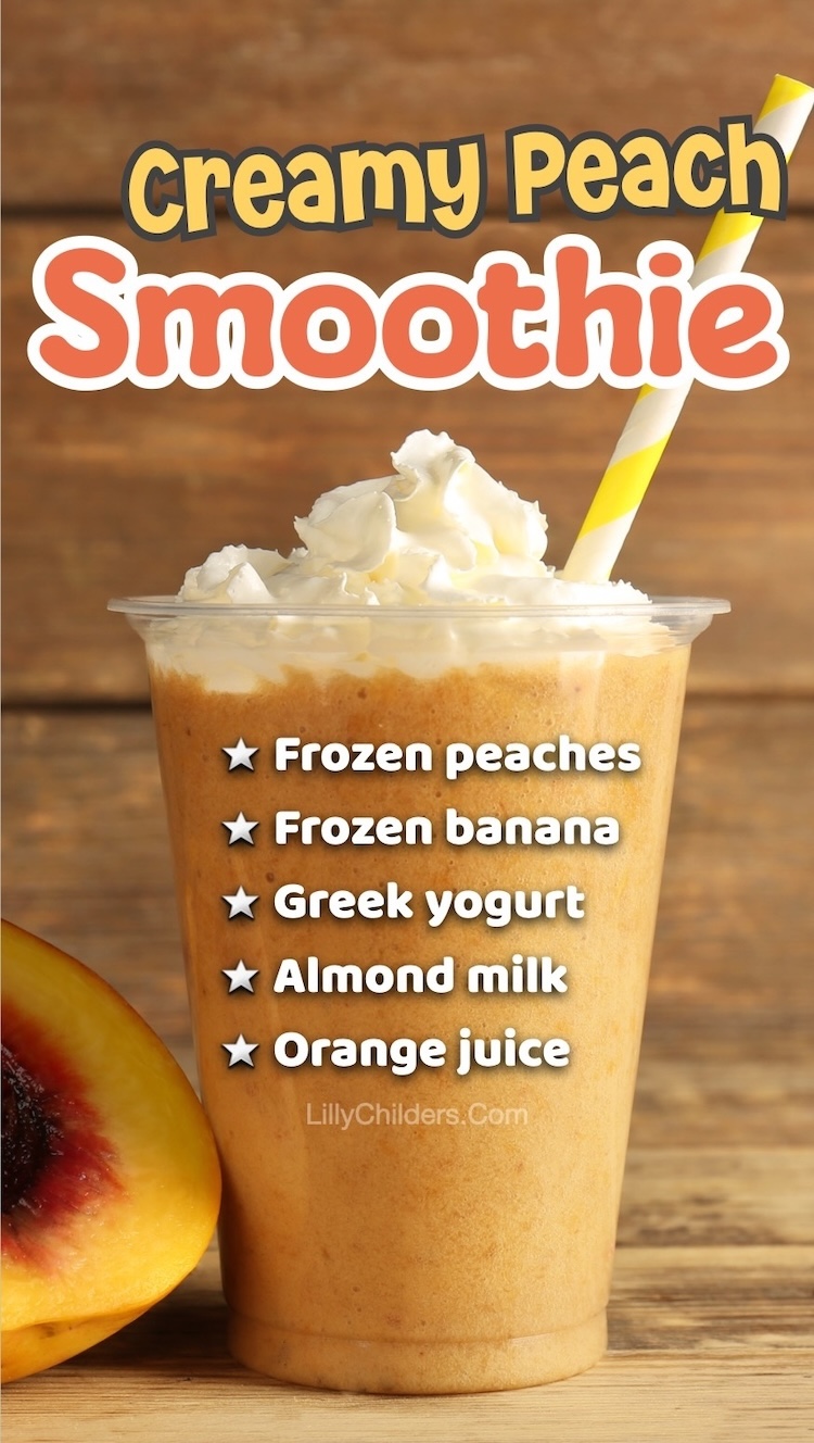 Easy peach fruit smoothie recipe made with healthy ingredients: plain greek yogurt, almond milk, frozen peach slices, frozen banana, and orange juice. This yummy blender recipe is perfect for a summer breakfast or quick and clean eating snack. 