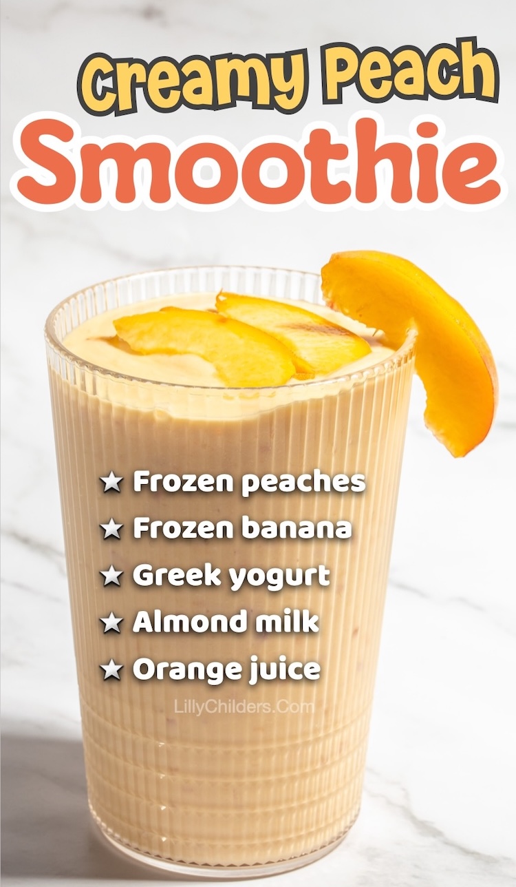 How to make a healthy peach smoothie with yogurt and almond milk. Simply blend with frozen sliced peaches in a blender for a quick, no bake breakfast or healthy fruity snack in the summer months when you're craving something refreshing to drink. 
